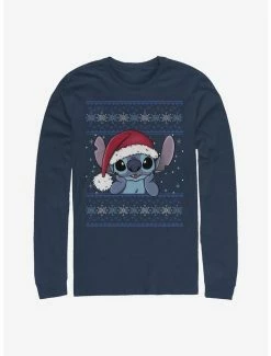 New 🥰 Disney Lilo & Stitch Holiday Stitch Wearing Santa Hat Long-Sleeve T-Shirt 👏