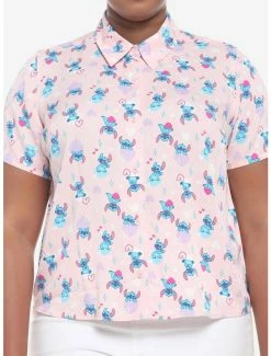 Best deal ๐ Disney Lilo & Stitch Hearts Pink ๐ง Girls Woven Button-Up Plus Size โ