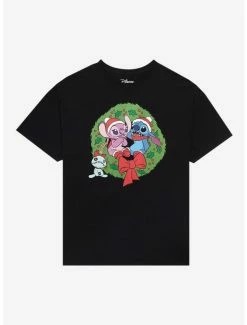 Hot Sale 🥰 Disney Lilo & Stitch Stitch & Angel Wreath Boyfriend Fit 👧 Girls T-Shirt 🔔