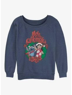 Coupon 🤩 Disney Lilo & Stitch Mele Kalikimaka Wreath 👧 Girls Slouchy Sweatshirt 🌟