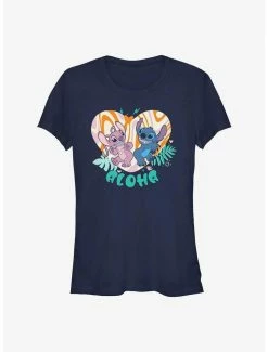 Outlet 🛒 Disney Lilo & Stitch Angel and Stitch Groovy Heart 👧 Girls T-Shirt 🥰